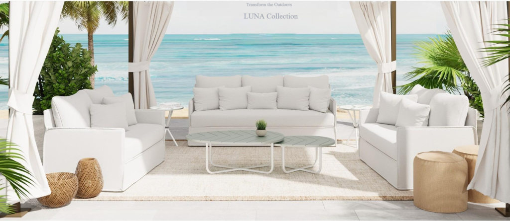 Elegant high-end outdoor furniture set featuring plush cushions, a modern sectional sofa, and a glass-top coffee table arranged on a stylish patio.