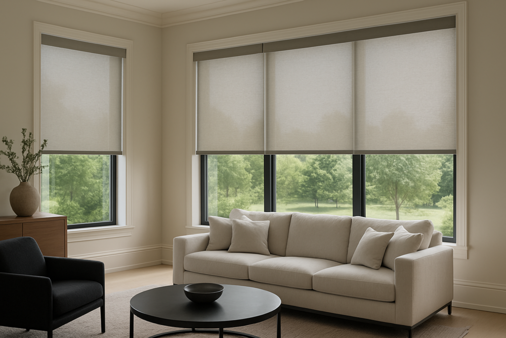Luxury living room with large windows fitted with sleek motorized roller shades for style and light control.