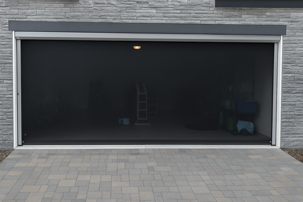 Motorized garage door screen converting a garage into a shaded, bug-free outdoor living space