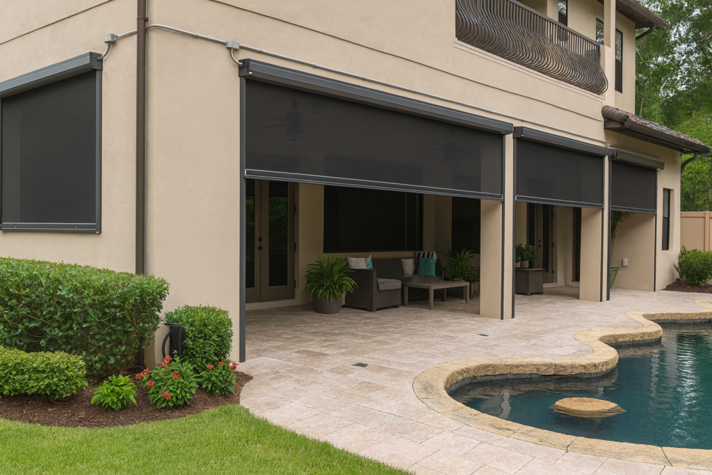 DIY motorized lanai screen providing shade, privacy, and bug protection for an outdoor patio