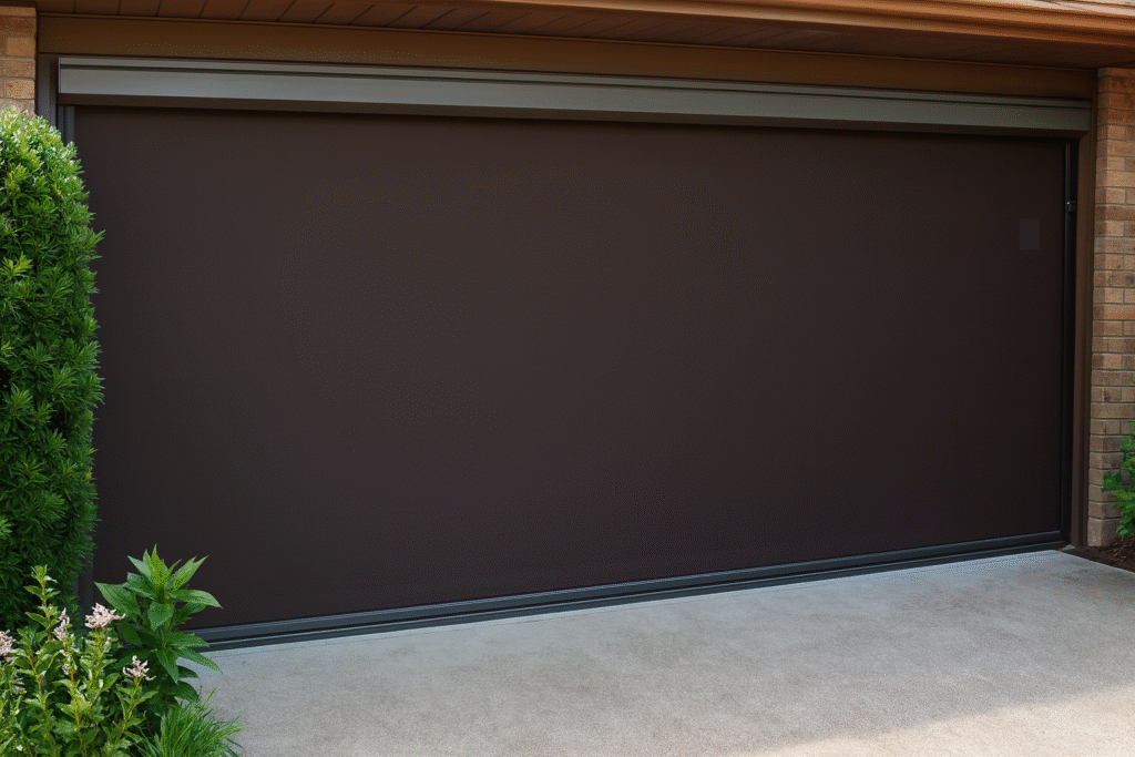 DIY motorized garage door screen installed across a two-car garage
